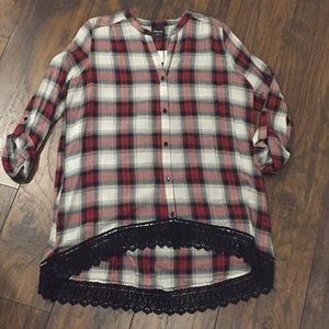 Wallpapher Plaid Embellished Trim Top